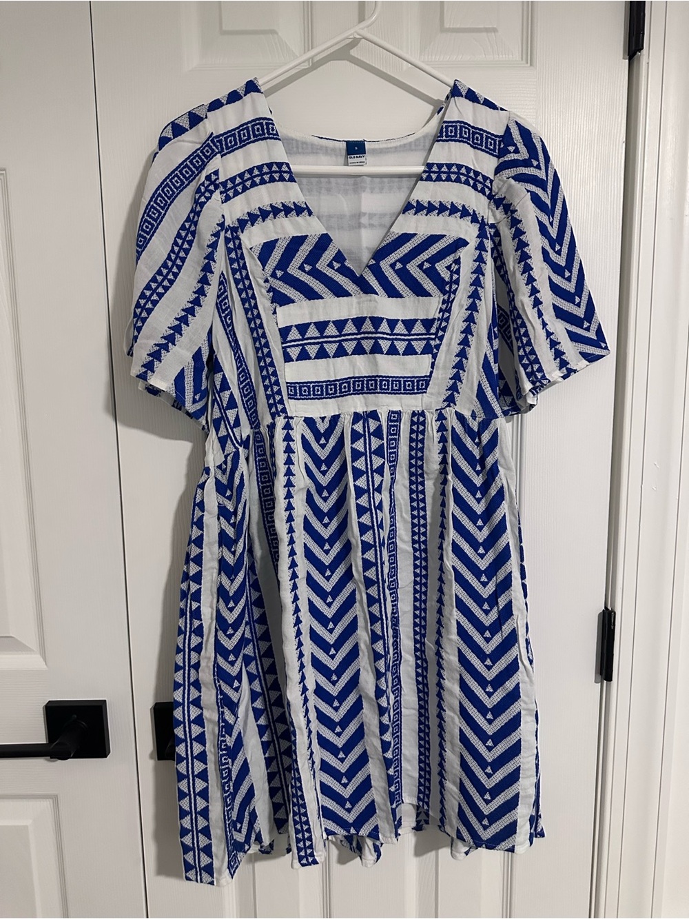 Old Navy Blue and White Geometric V-Neck Dress